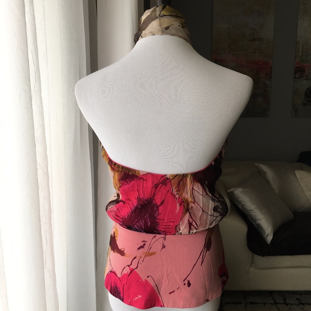 Black Halo Floral Silk Necktie Halter Top Blouse - Picture 5 of 6