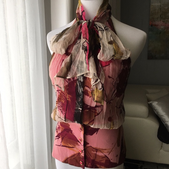 Black Halo Floral Silk Necktie Halter Top Blouse - Picture 3 of 6