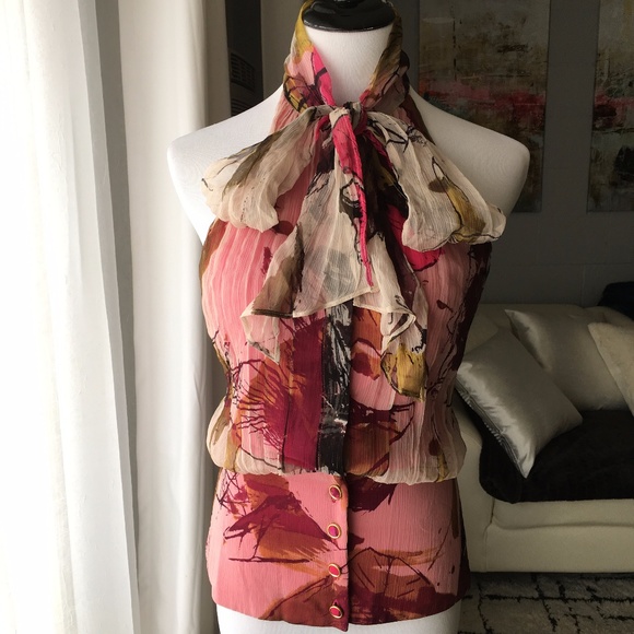 Black Halo Floral Silk Necktie Halter Top Blouse - Picture 2 of 6