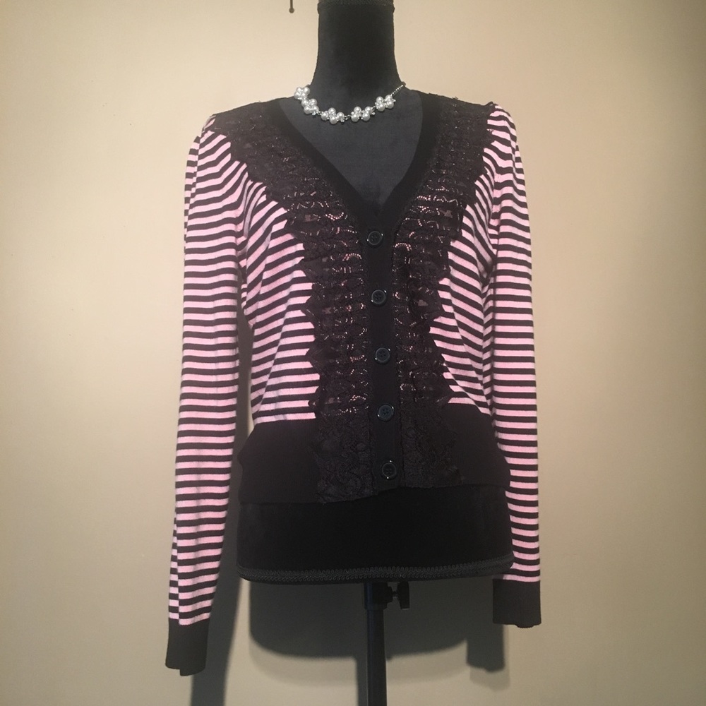 🎈INC Pink and Black Striped button down sweater