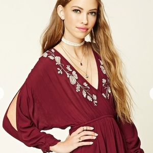Embroidered peasant dress in burgundy