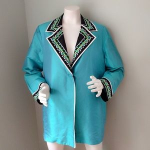 Vintage 1980s Bob Mackie Embroidered Turquoise Silk Oversized Blazer L