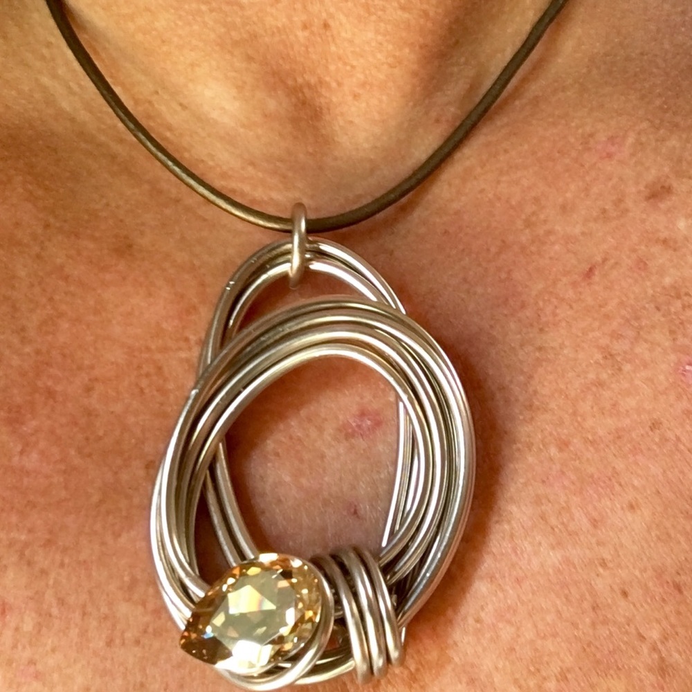 Gold Wire Necklace w/ Teardrop Shaped Topaz stone