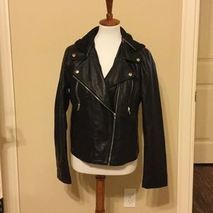 Faux leather jacket with cotton hood