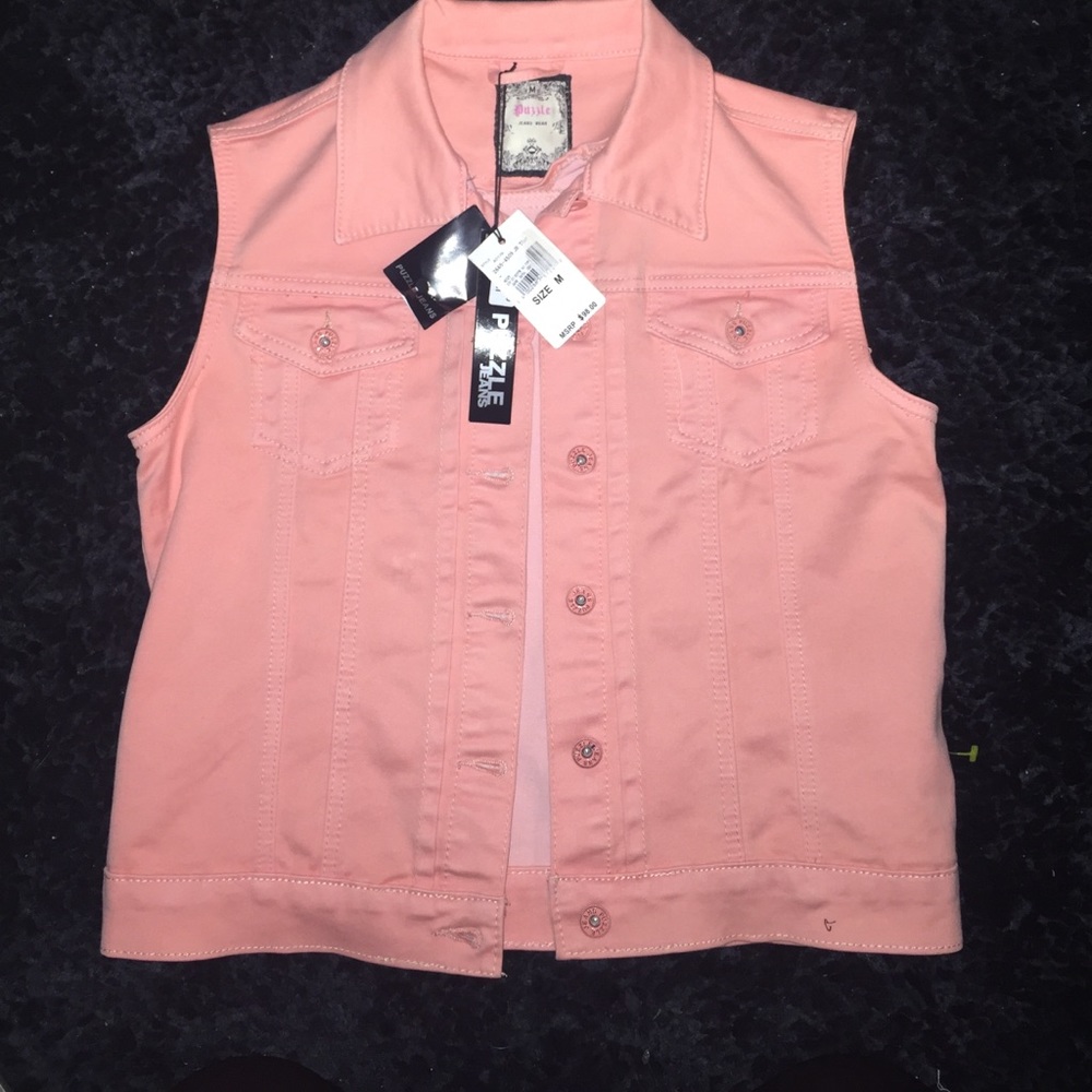 Coral/light pink jean, button up vest!!!!!