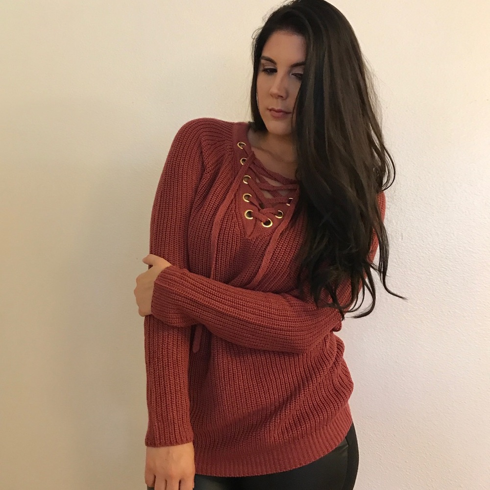 •LAST ONE• Dark Mauve Lace Up Sweater - Picture 4 of 8