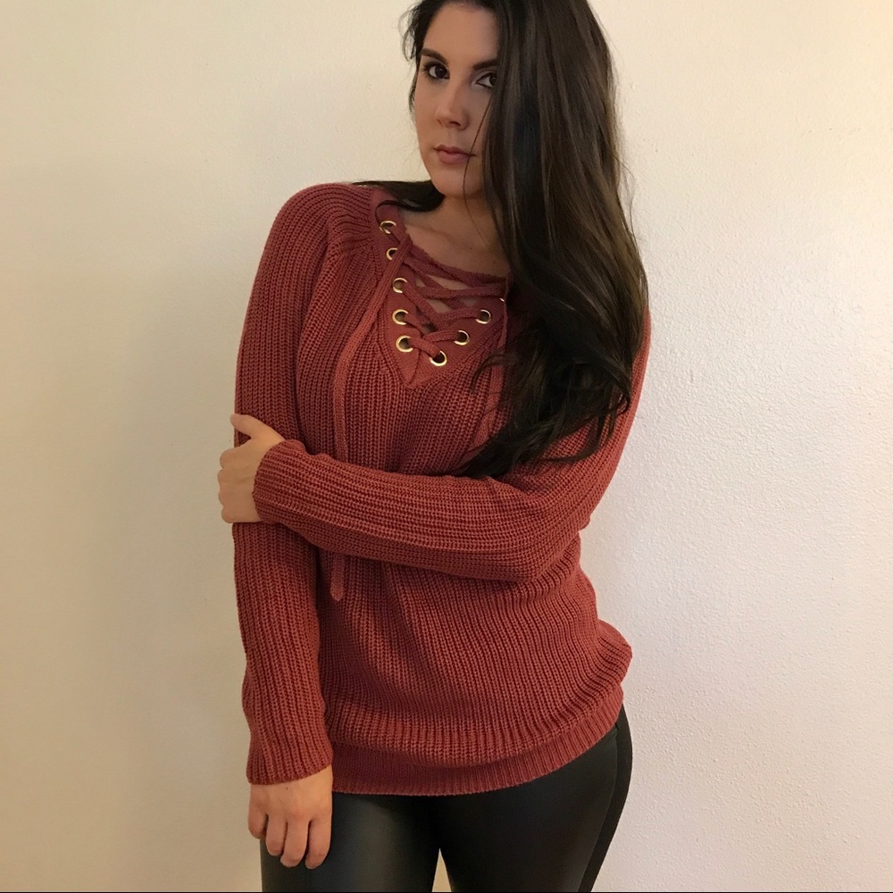 •LAST ONE• Dark Mauve Lace Up Sweater - Picture 7 of 8