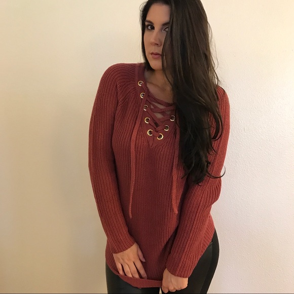 •LAST ONE• Dark Mauve Lace Up Sweater - Picture 2 of 8