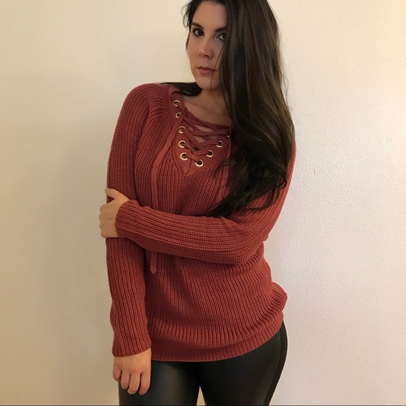 •LAST ONE• Dark Mauve Lace Up Sweater - Picture 7 of 8