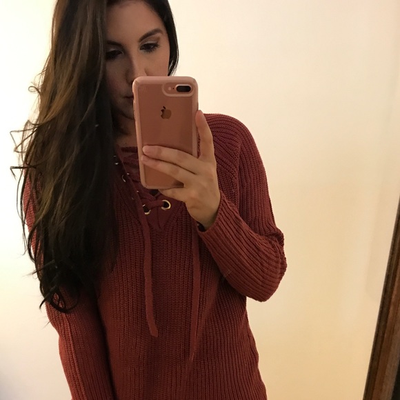 •LAST ONE• Dark Mauve Lace Up Sweater - Picture 3 of 8