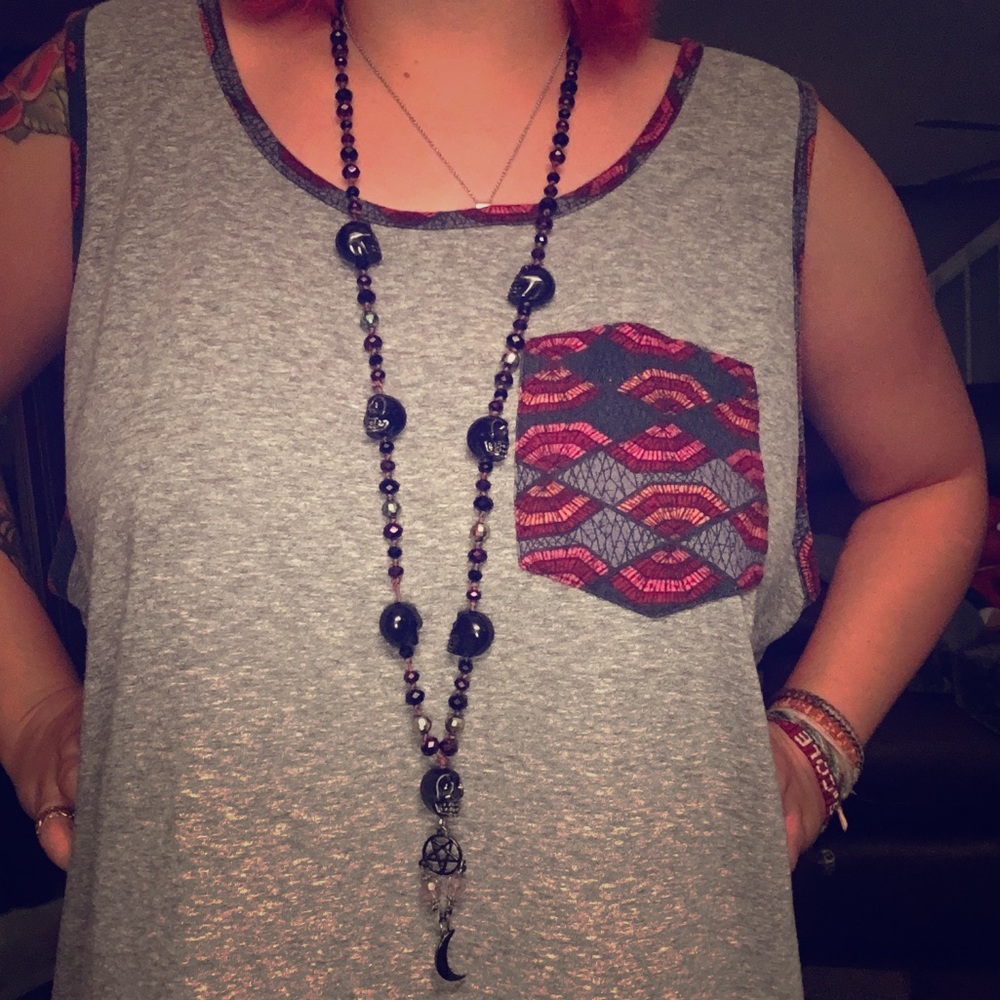 Rosary style skull, pentagram, moon necklace.