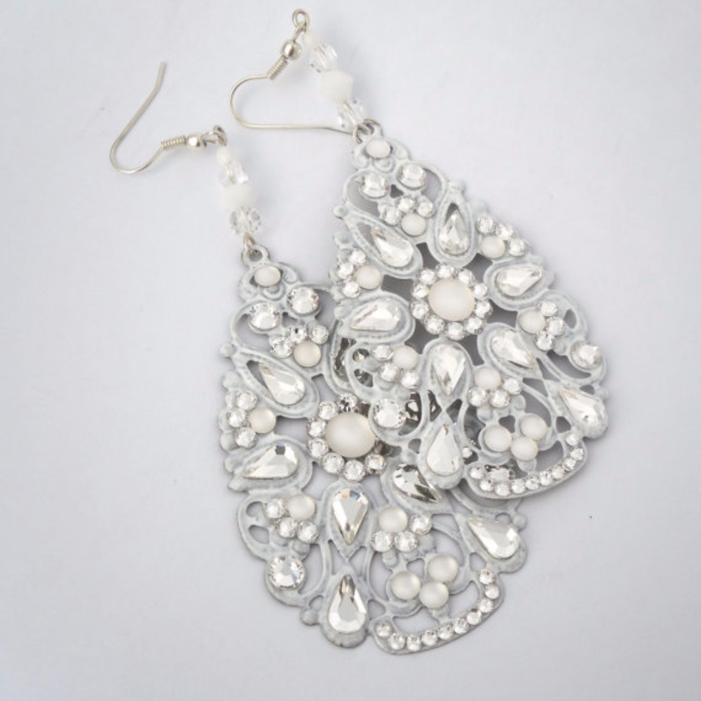 Large Dangle Earrings White Filigree & Swarovski C