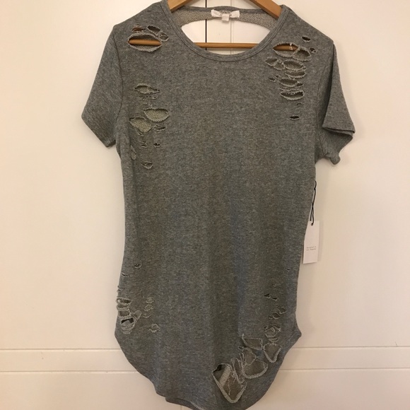 •LAST 1• Heather Grey Shredded Long Line Tee - Picture 3 of 8