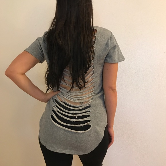 •LAST 1• Heather Grey Shredded Long Line Tee - Picture 7 of 8