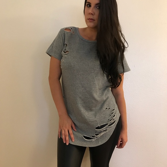 •LAST 1• Heather Grey Shredded Long Line Tee - Picture 8 of 8