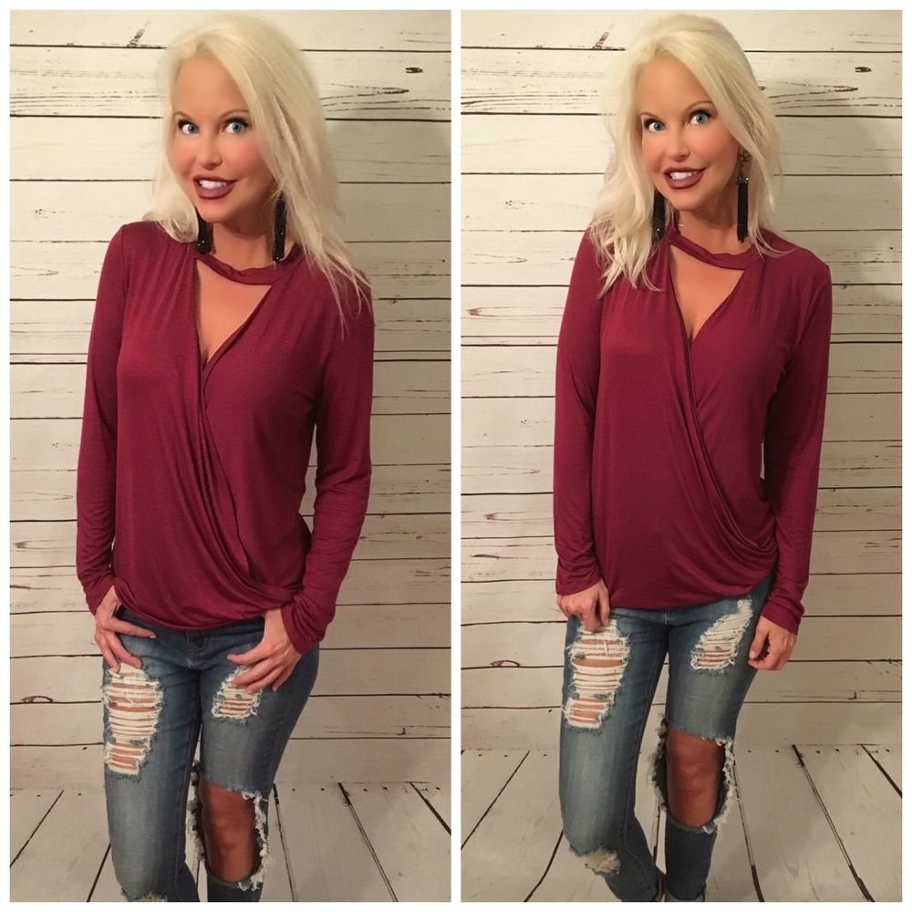 LAST 1! Burgundy Choker Surplice Top - Picture 2 of 2