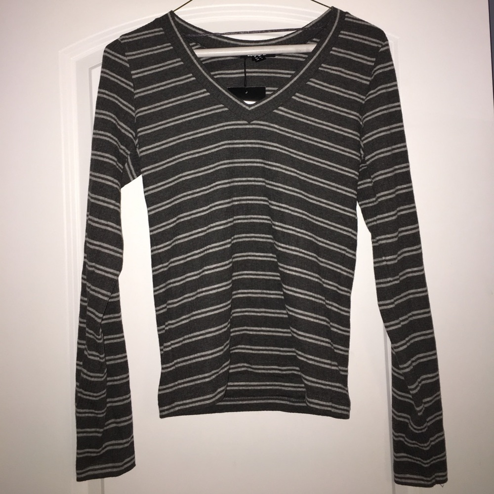 Gray and White Stripped V-Neck