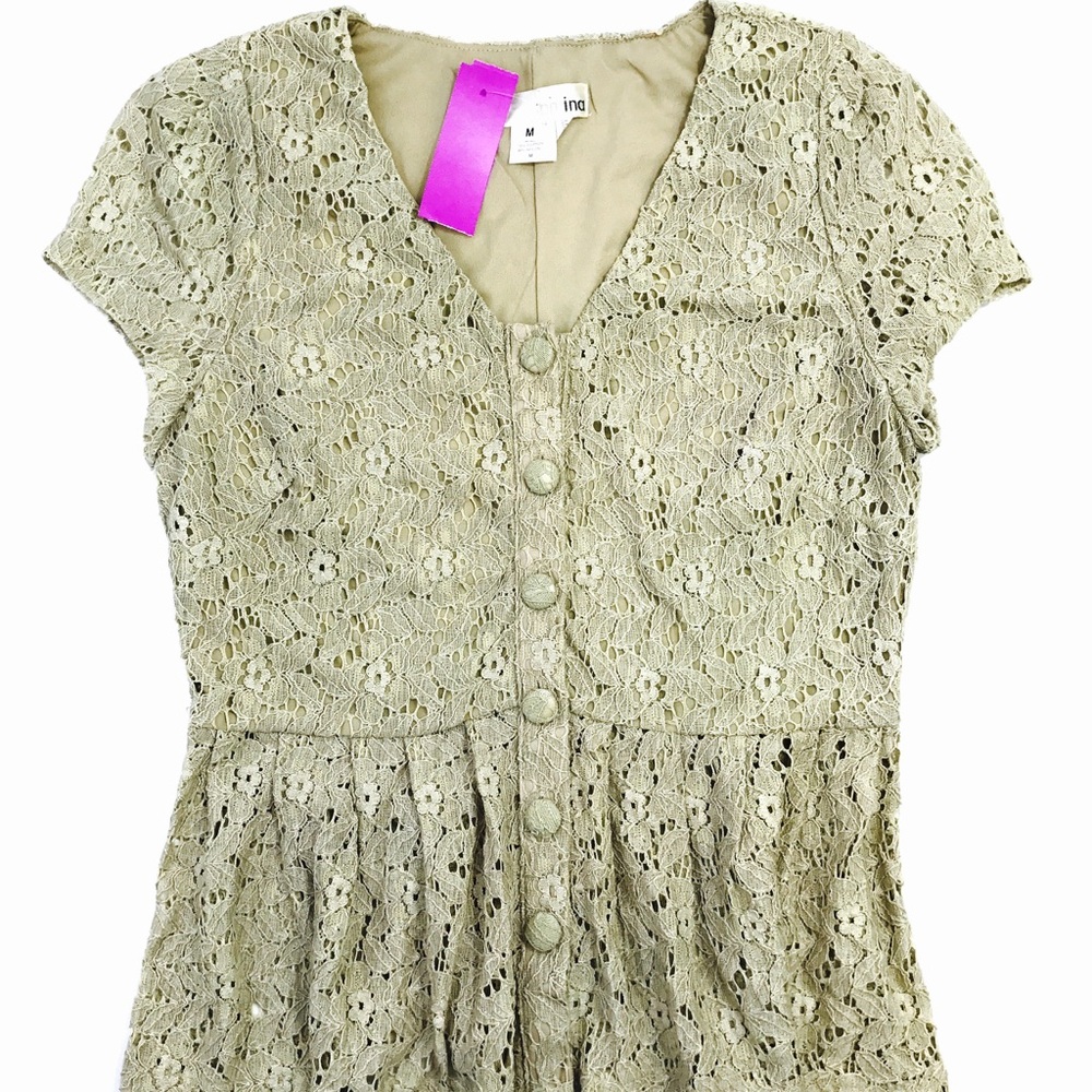Tan Lace Button up Peplum Top - Picture 2 of 4
