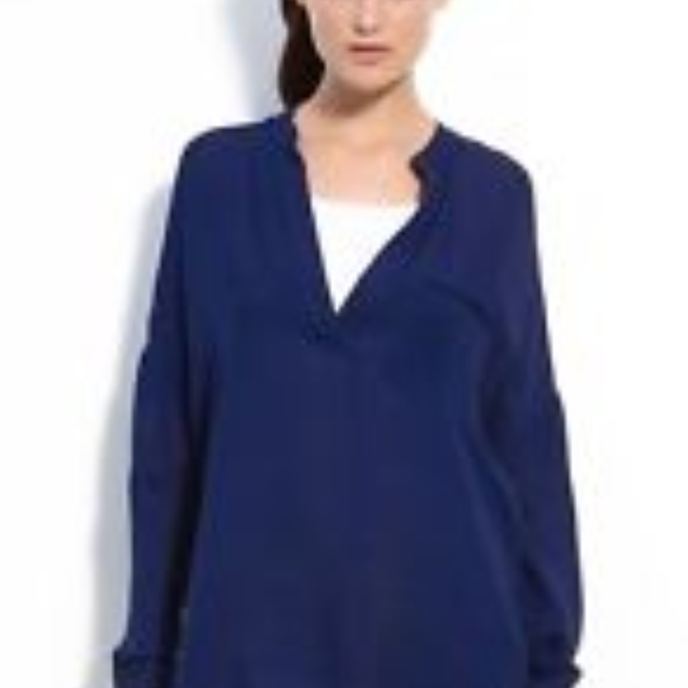 NWT Vince Placket 100% Silk Blouse Blue Sapphire