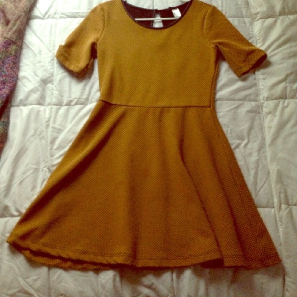 Warm Yellow H&M Skater Dress w/ Faux Leather Trim
