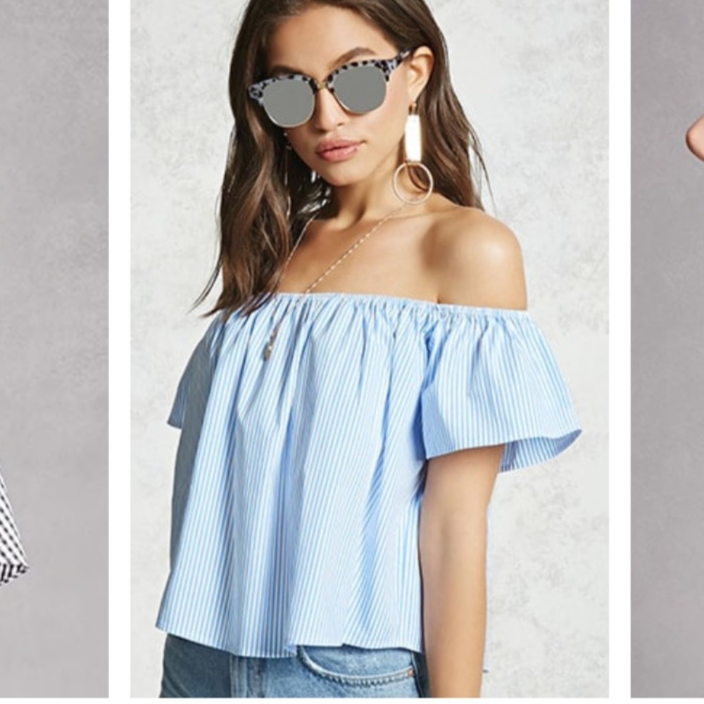 Forever 21 blue white striped off shoulder top