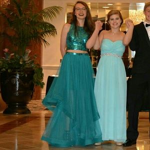 Sequin-Embellished Layered Two Piece Prom Dress