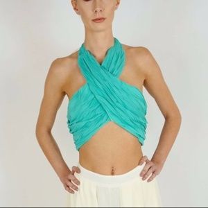 Green Wrap Around Body Crop Top With Back Tie