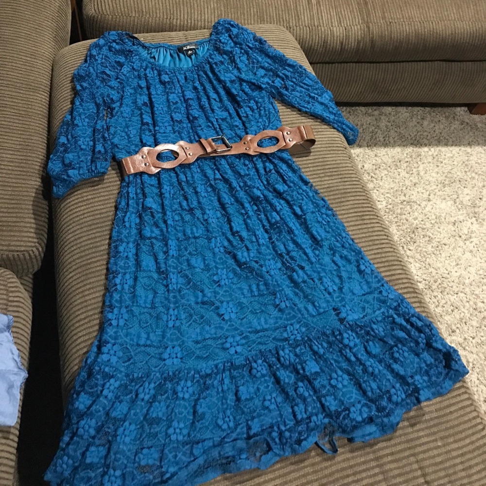 Teal vintage lace dress with belt.