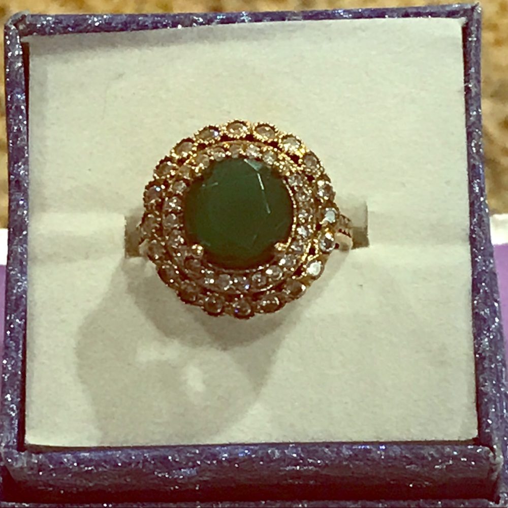 Vintage lab Emerald and white topaz 2 tone ring