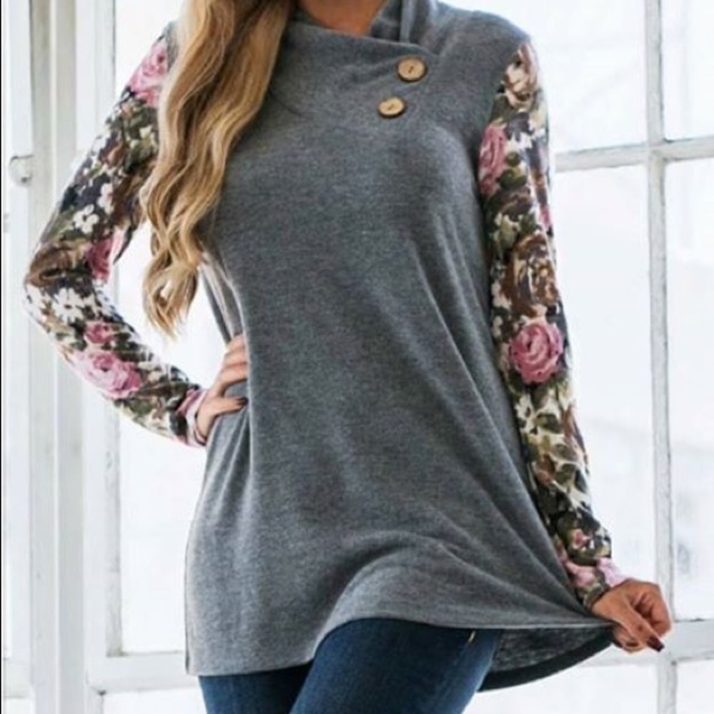 Grey with floral sleeve cowel neck sweater.