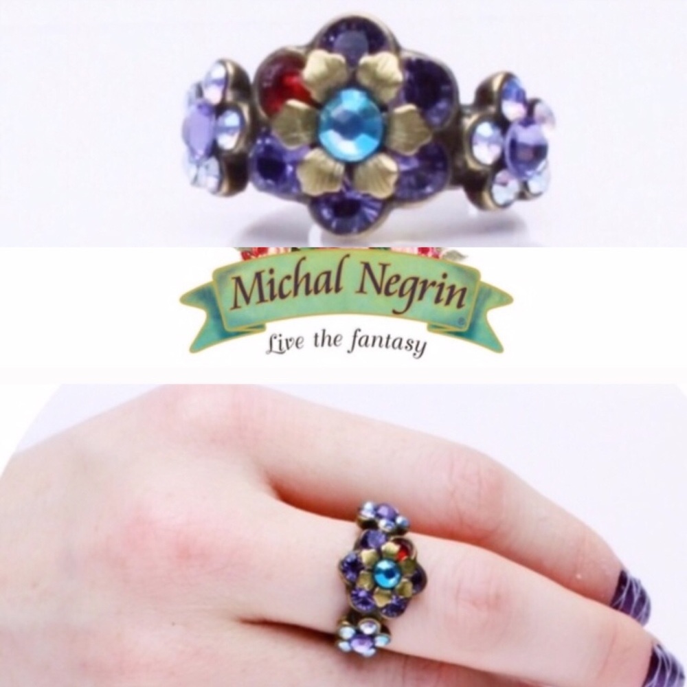 . {Michal Negrin} Crystal floral adjustable ring
