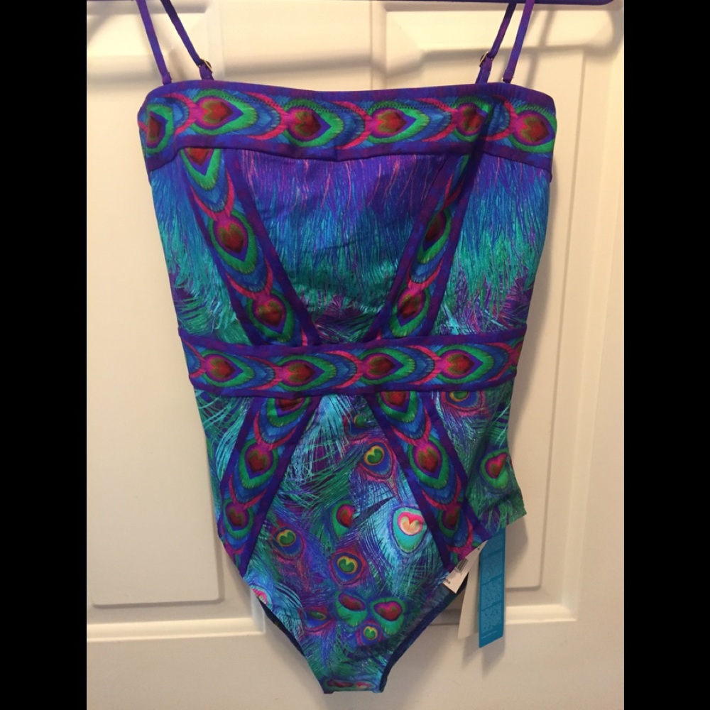 Gottex One Piece Bathing Suit Peacock Print NWT