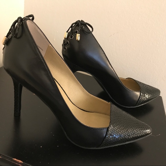 Levity Shoes - NWOT - Black heels with snake & lace up details