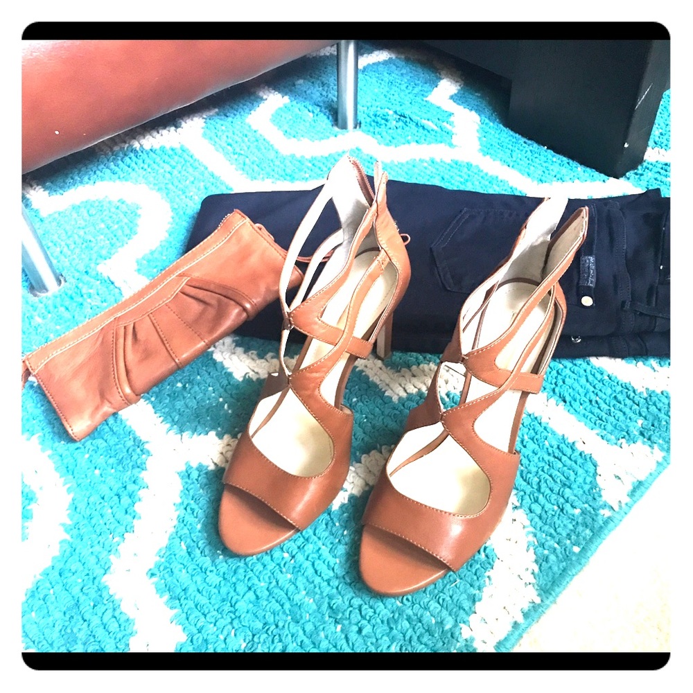 Tan BCBG Leather Carlena Cutout Heel Sandal - 8