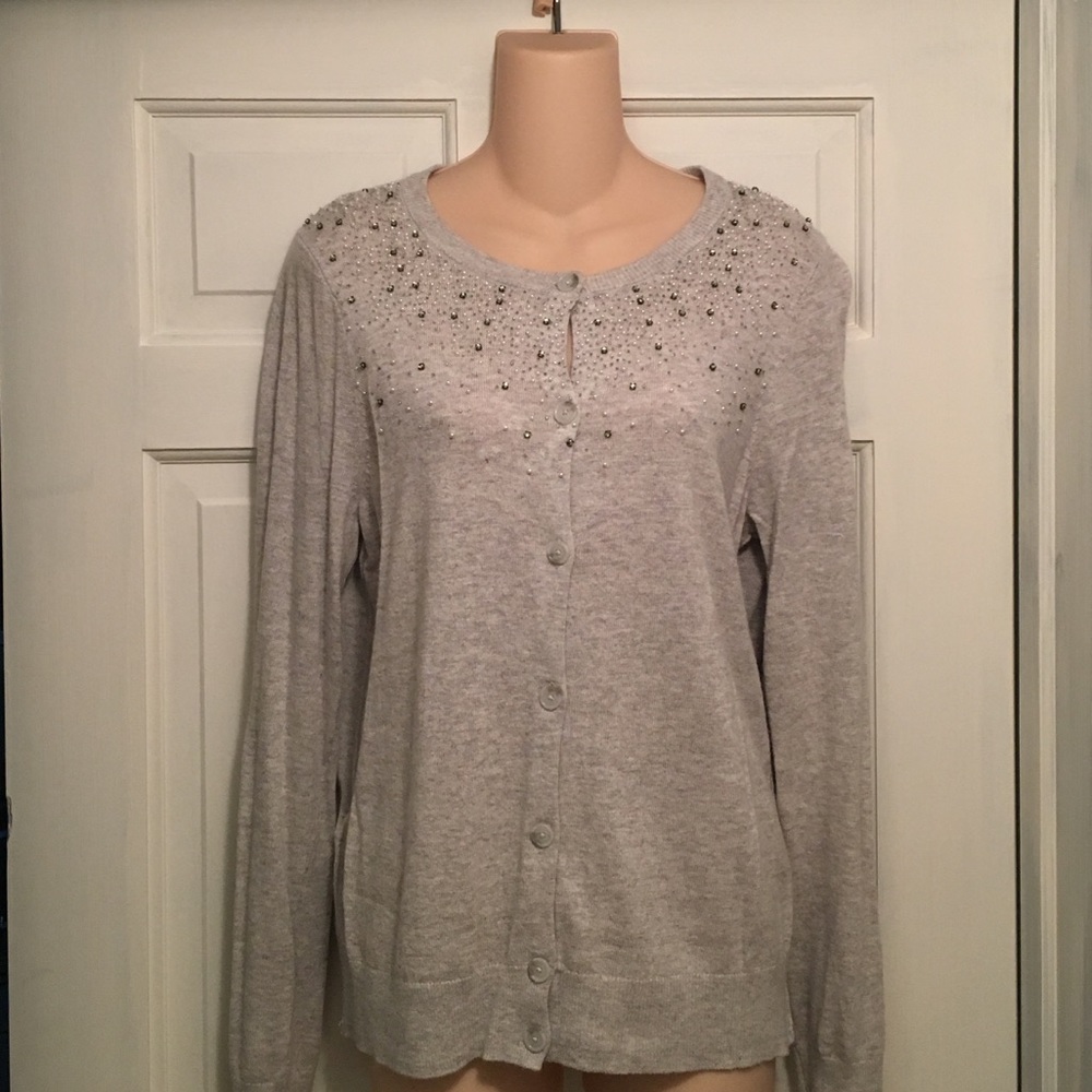 Ann Taylor Loft Gray Beaded Cardigan L