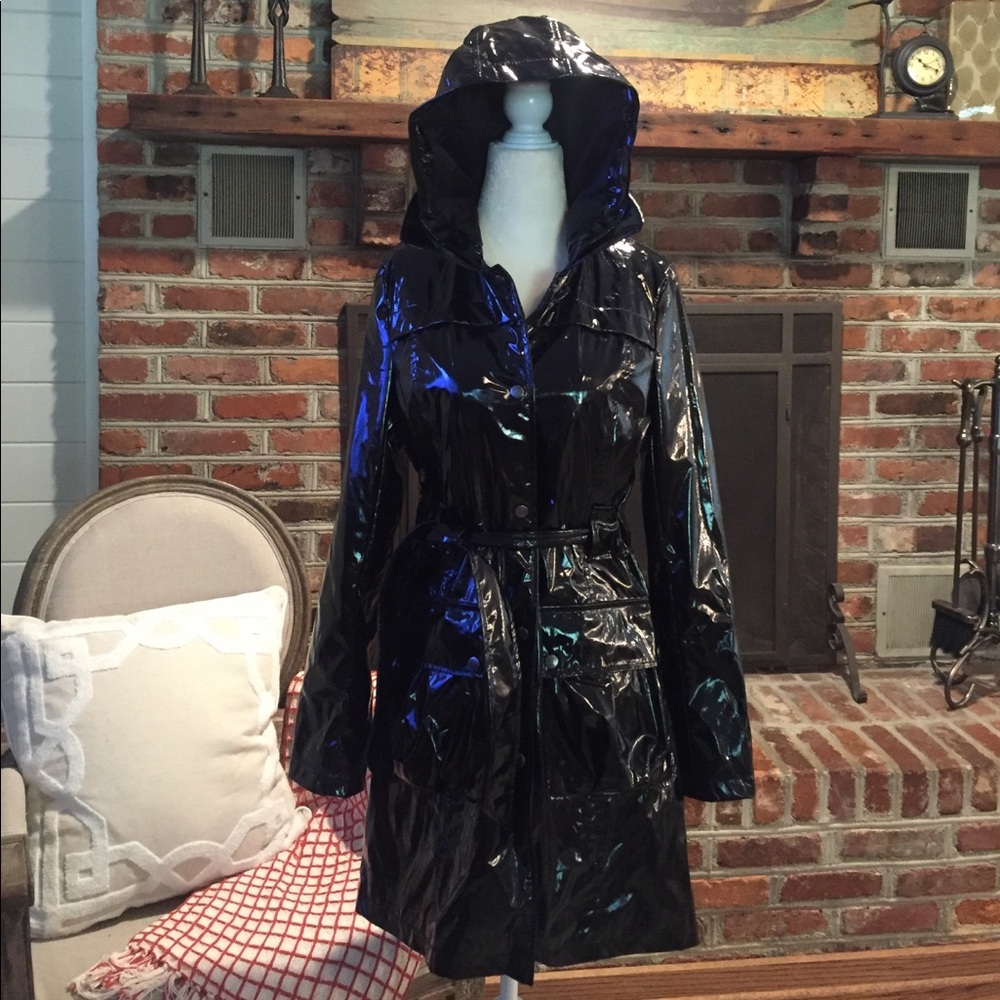 NWOT Black Patent Waterproof Trench Coat