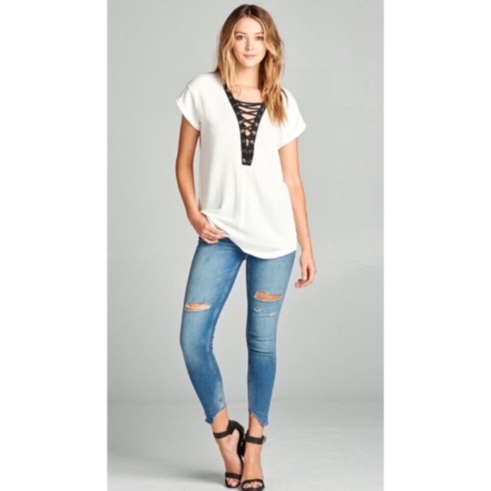 Ivory Lace Up Top - Picture 2 of 3