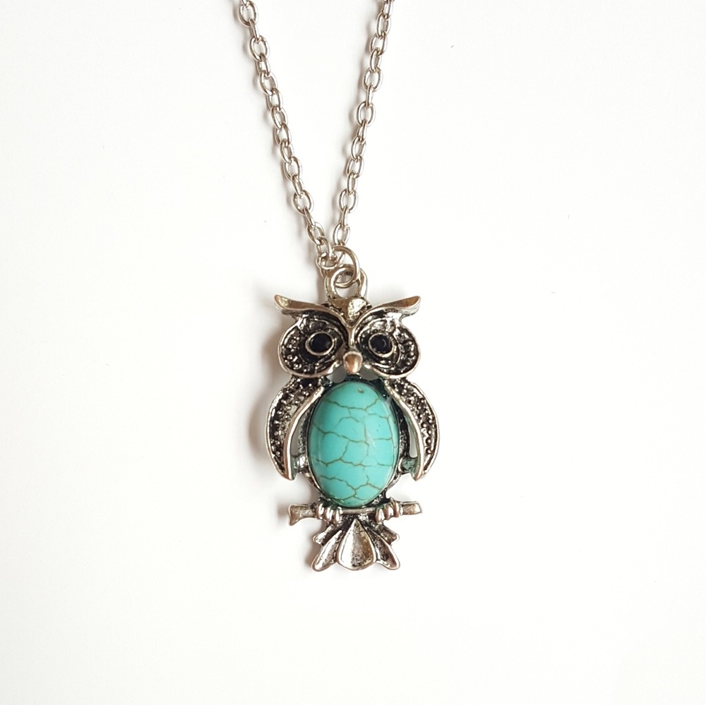 Owl Pendant Necklace, Silver with Turquoise Stone