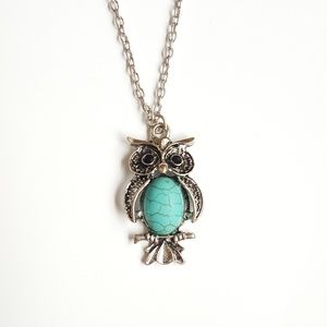 Owl Pendant Necklace, Silver with Turquoise Stone