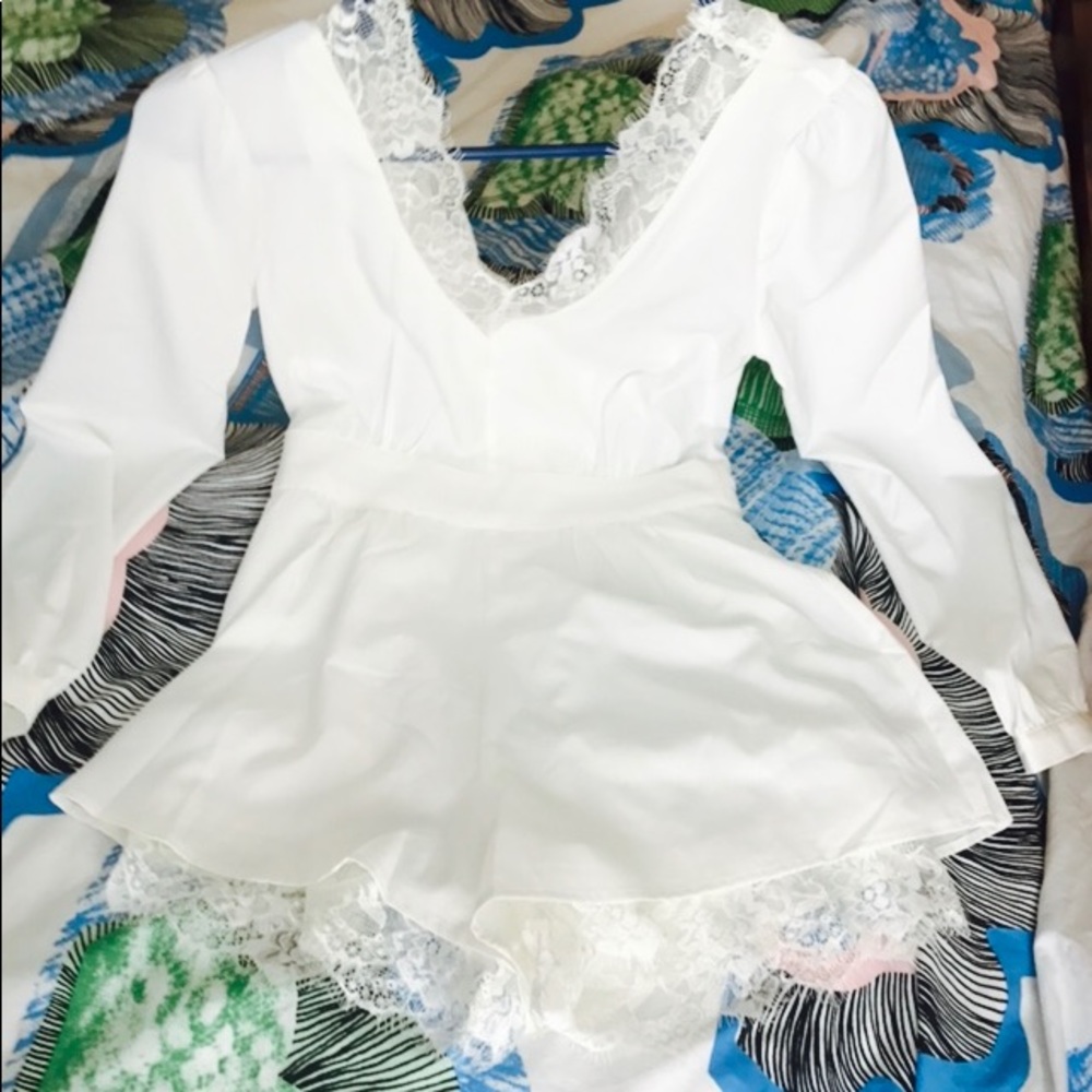 White Lace Romper, puffed sleeves , S