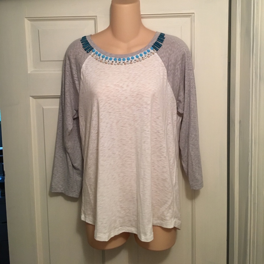 JCrew 3/4 Sleeve White & Gray Beaded Baseball Tee