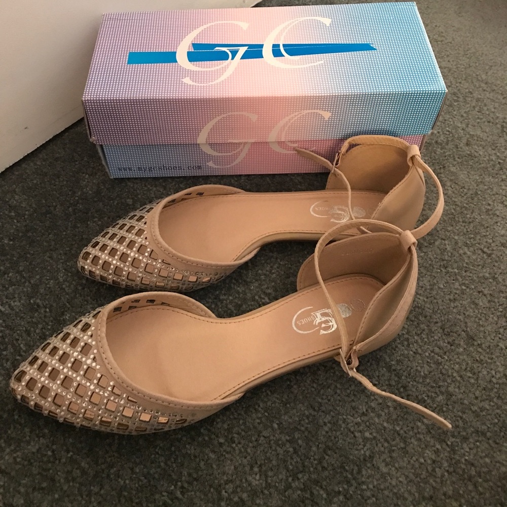 Sparkle tan flats with ankle strap. Size 10