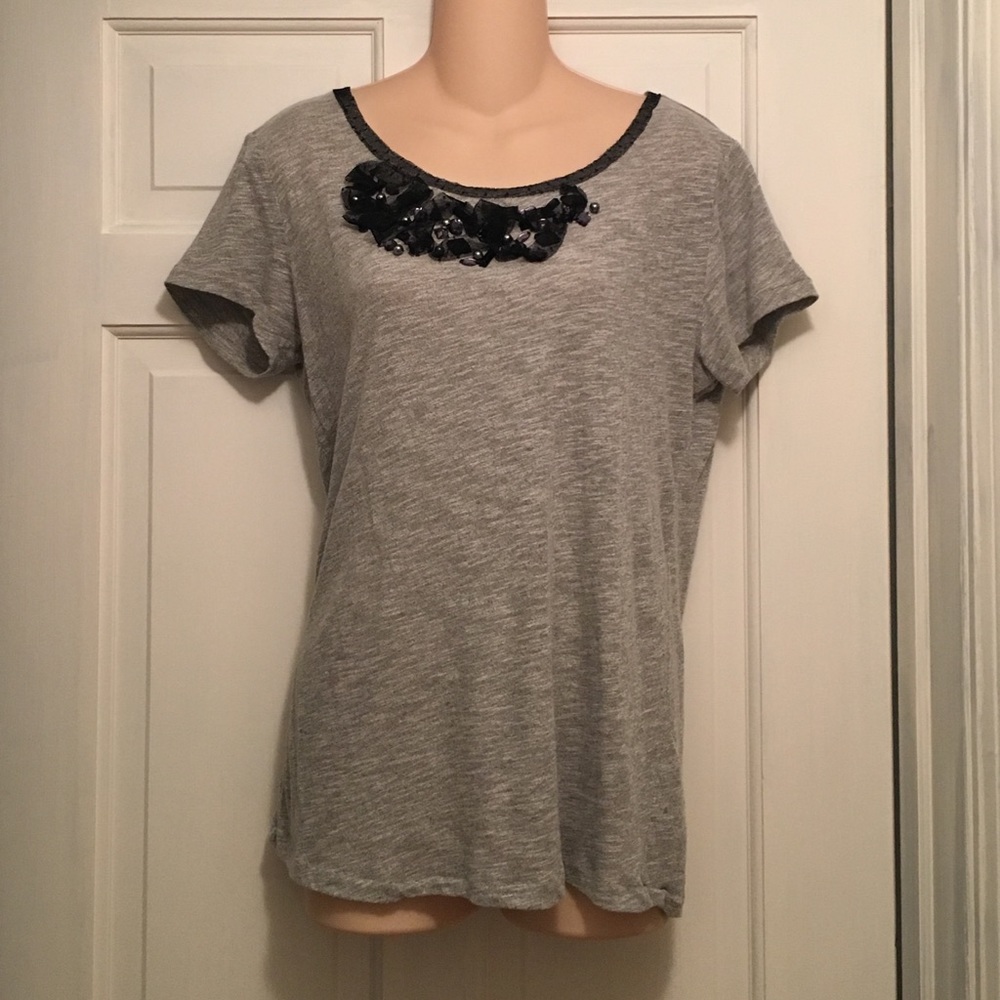 Ann Taylor Loft Gray Beads & Ruffle Tee Shirt