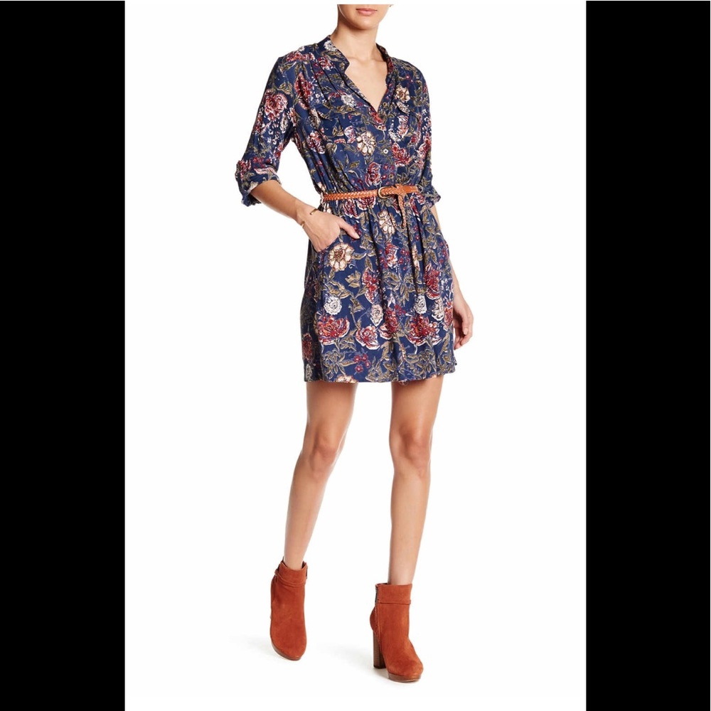 Cuff Sleeve Faux Leather Belt Shirtdress