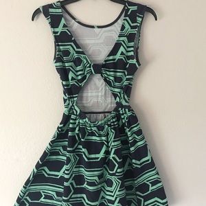 Navy and Teal Skater Style Dress with Open Back