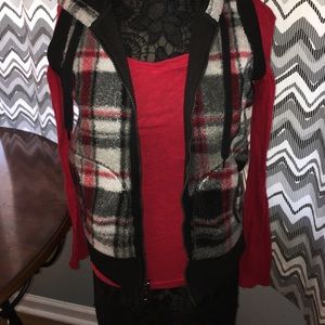 Love this long sleeve red top with cozy vest