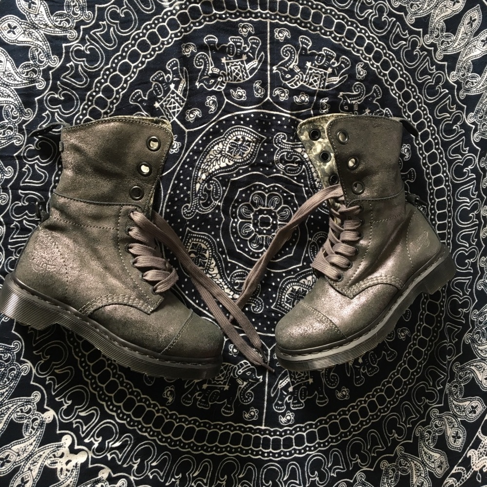 Dr marten gray silver reflective boots .