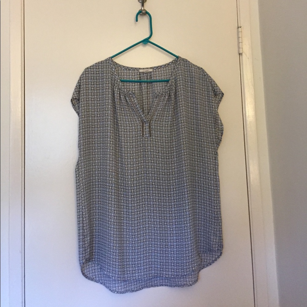 Pleione- Blue and Tan Patterened Blouse - XL
