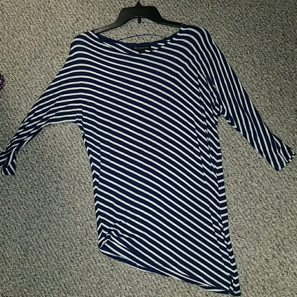 Blue and white striped asymmetrical tunic top