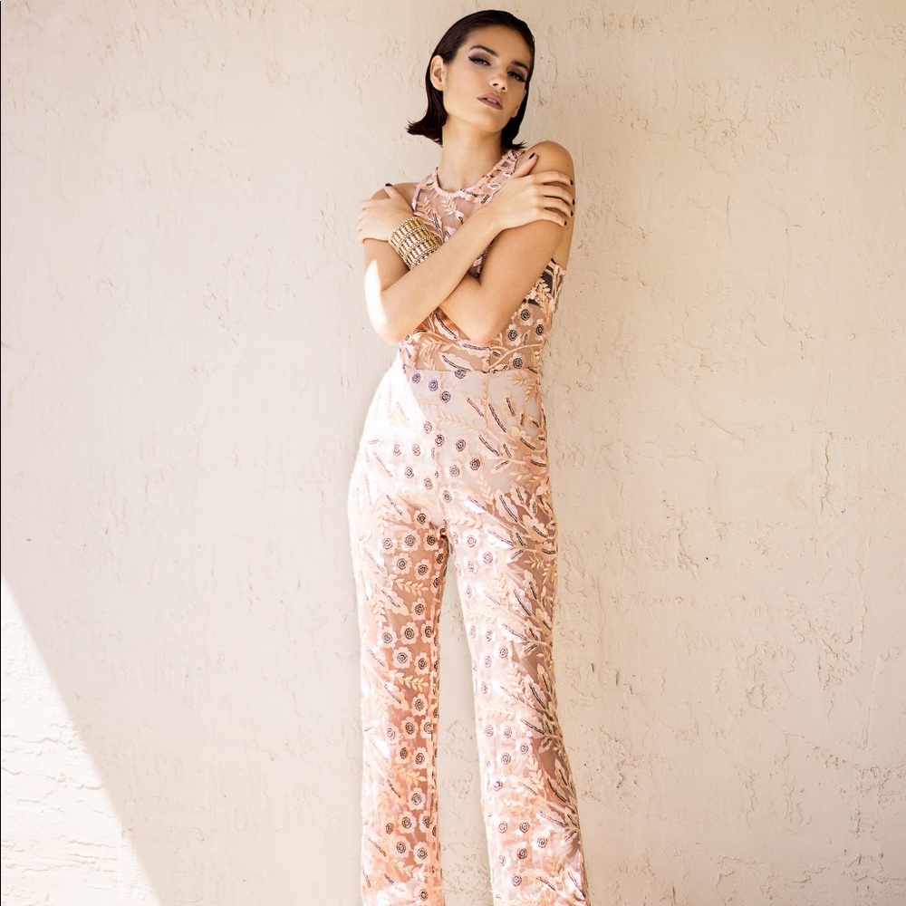 Rose Gold Floral Leaf Embroidered Jumpsuit